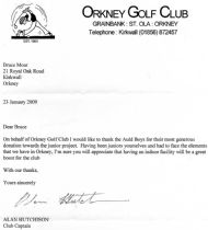 letter from the captain of the orkney golf club thanking us for the 800 donation to the junior project.